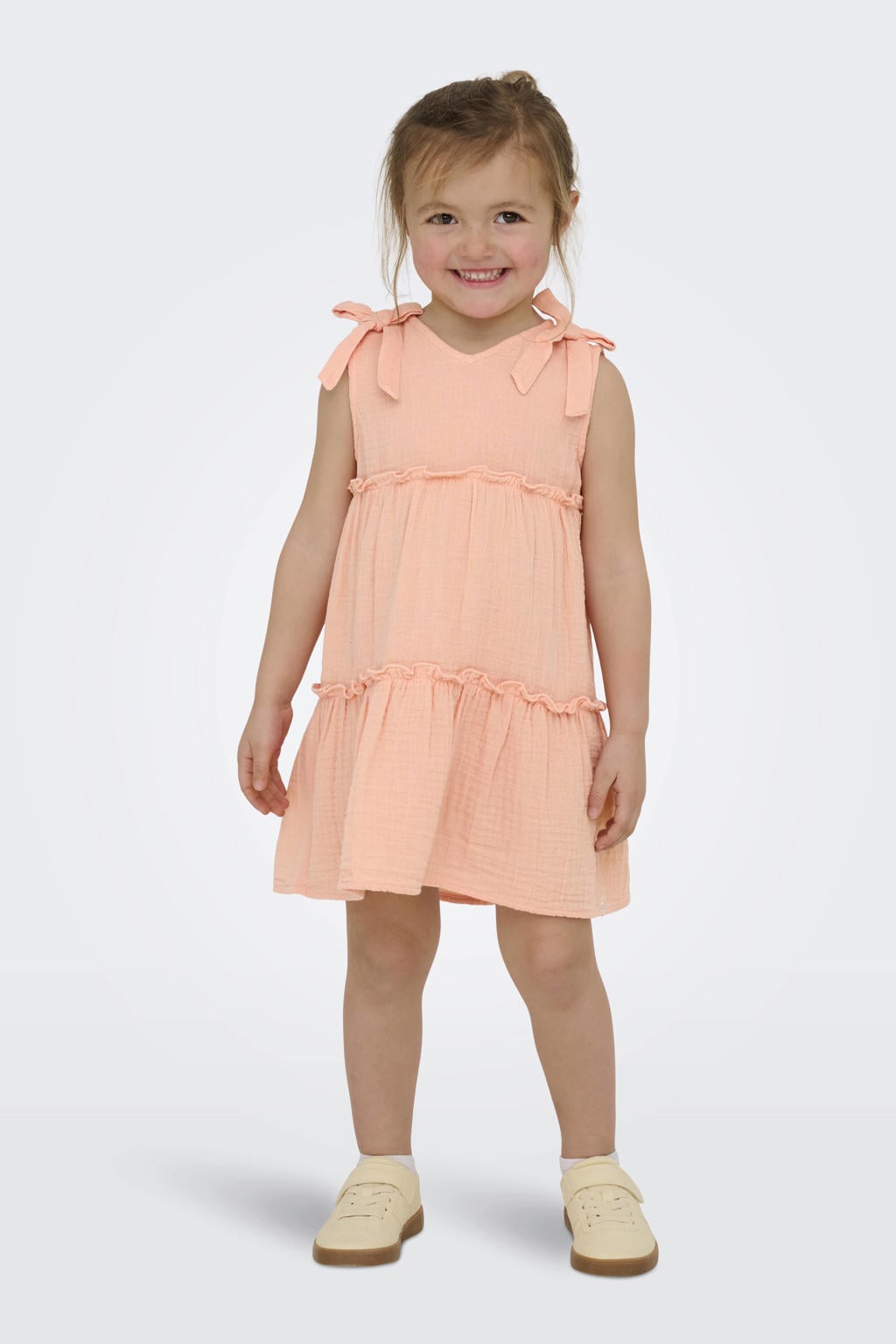 Zalmkleurige meisjes KIDS ONLY MINI zomerjurk van katoen met effen en V-hals