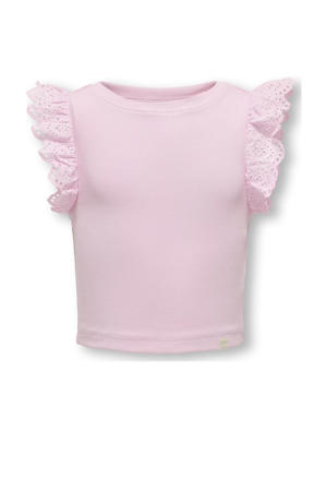 mouwloze top lichtroze broderie
