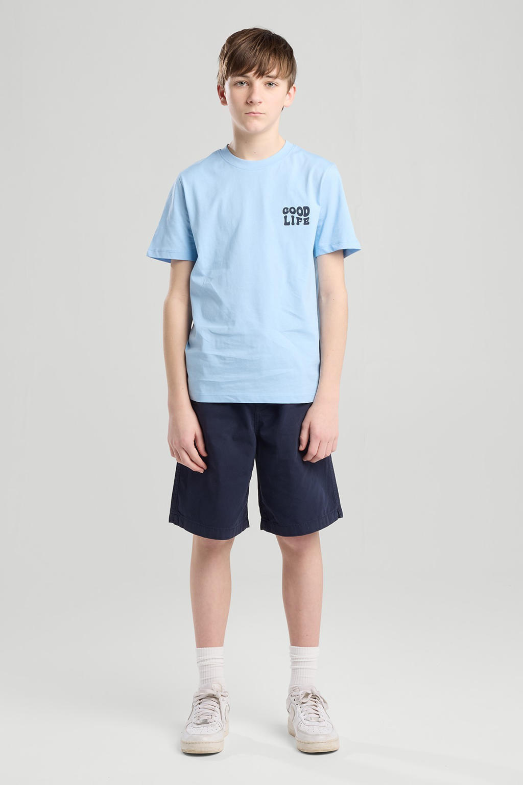 Lichtblauwe jongens America Today T-shirt van katoen met backprint, korte mouwen en ronde hals