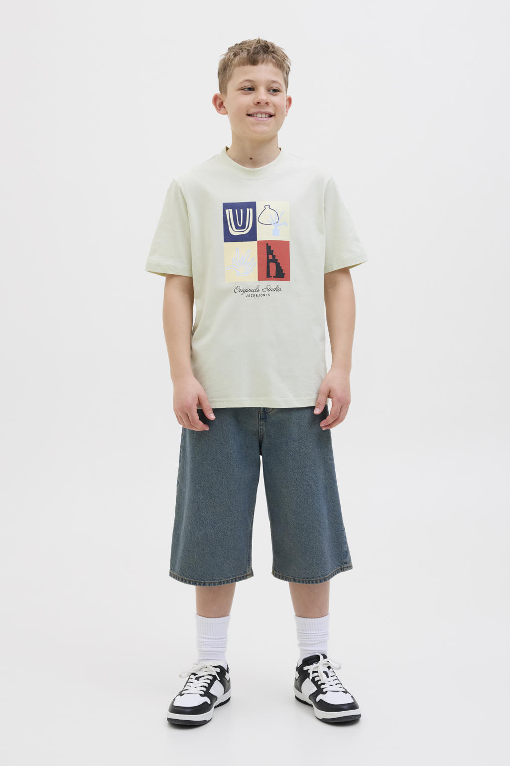 Lichtgroene jongens JACK & JONES JUNIOR T-shirt van katoen met printopdruk, korte mouwen en ronde hals