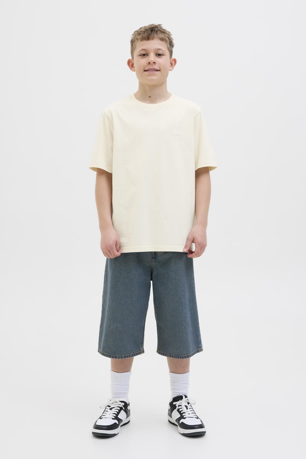 Lichtgele jongens JACK & JONES JUNIOR T-shirt van katoen met backprint, korte mouwen en ronde hals