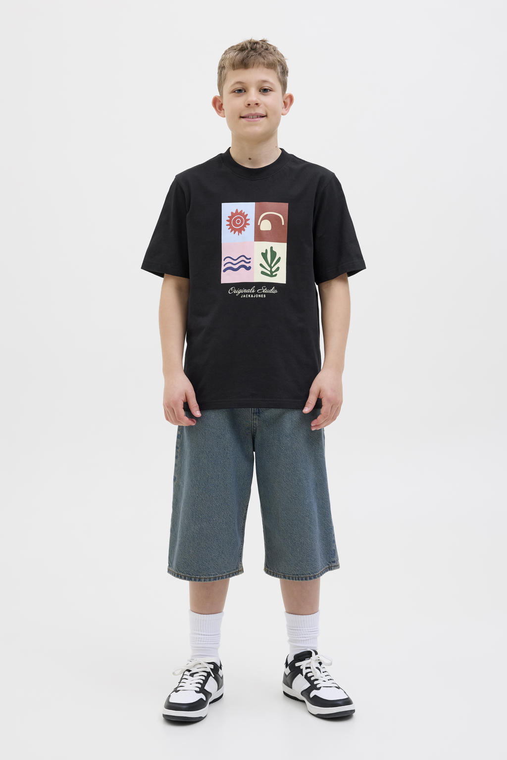 Zwarte jongens JACK & JONES JUNIOR T-shirt van katoen met printopdruk, korte mouwen en ronde hals