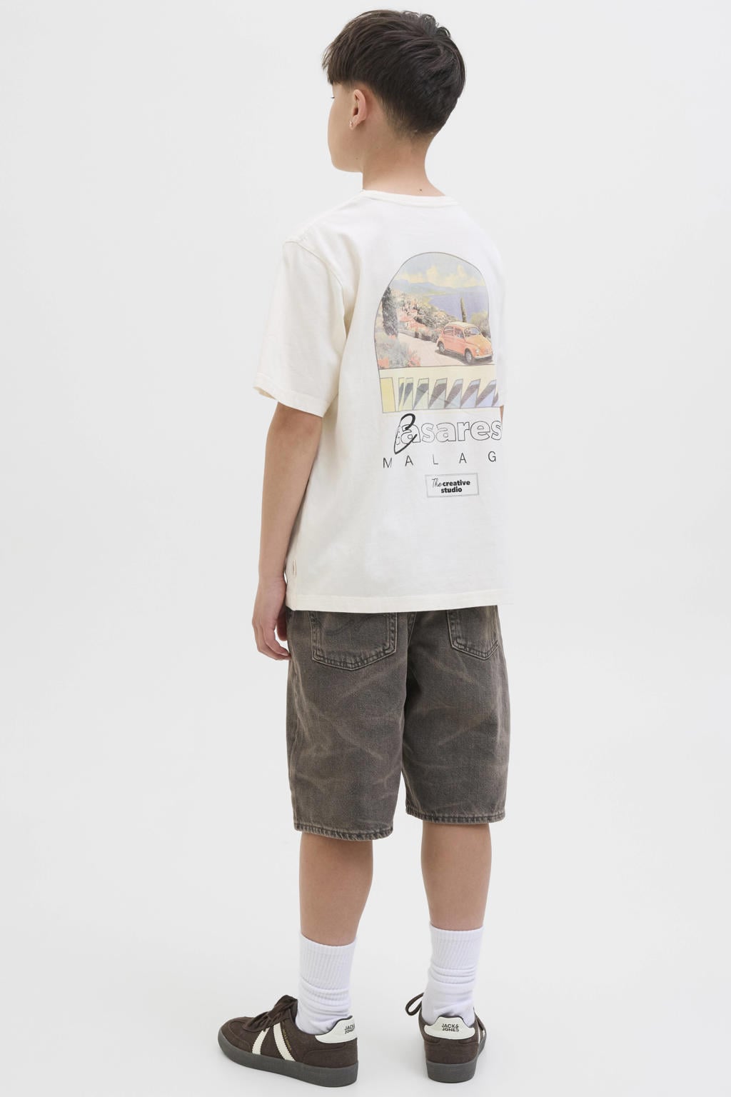 Black denim jongens JACK & JONES JUNIOR loose short black van denim met high waist, ritssluiting en effen