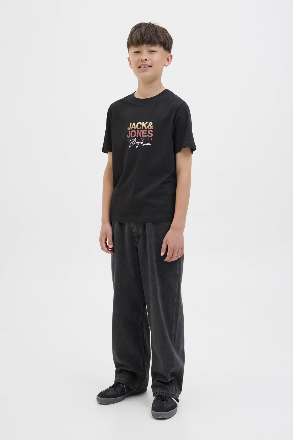 Zwarte jongens JACK & JONES JUNIOR T-shirt van katoen met logo dessin, korte mouwen en ronde hals