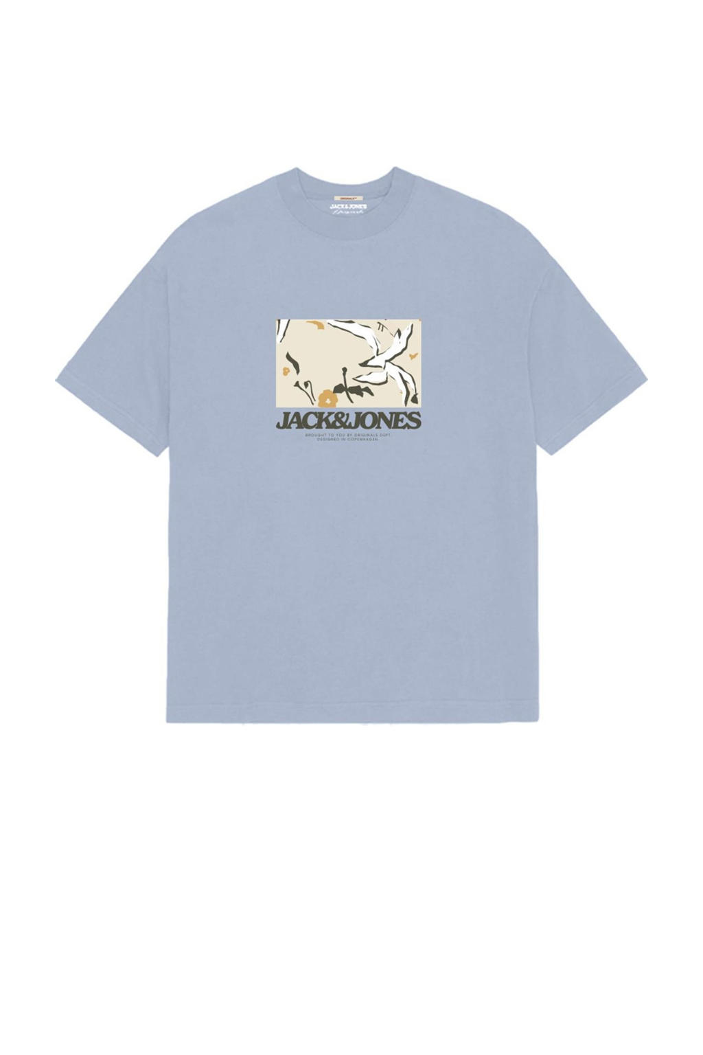 Lichtblauwe jongens JACK & JONES JUNIOR T-shirt van katoen met printopdruk, korte mouwen en ronde hals