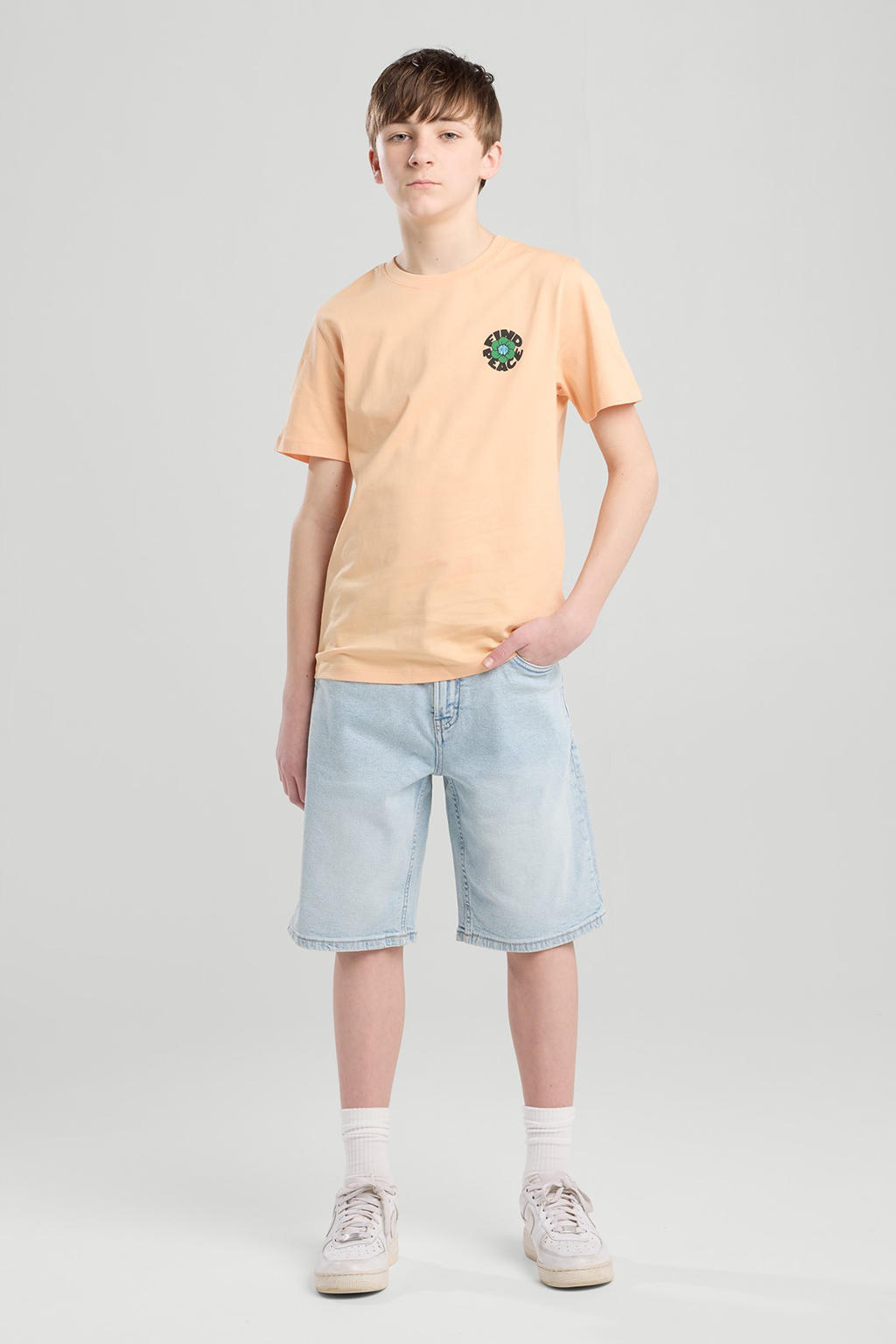 Light blue denim jongens America Today Denim short met rits- en knoopsluiting en effen