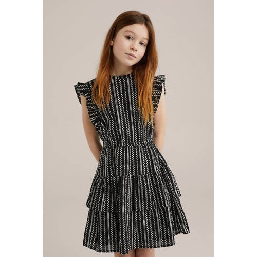 WE Fashion korte jurk zwart Meisjes Katoen Ronde hals All over print