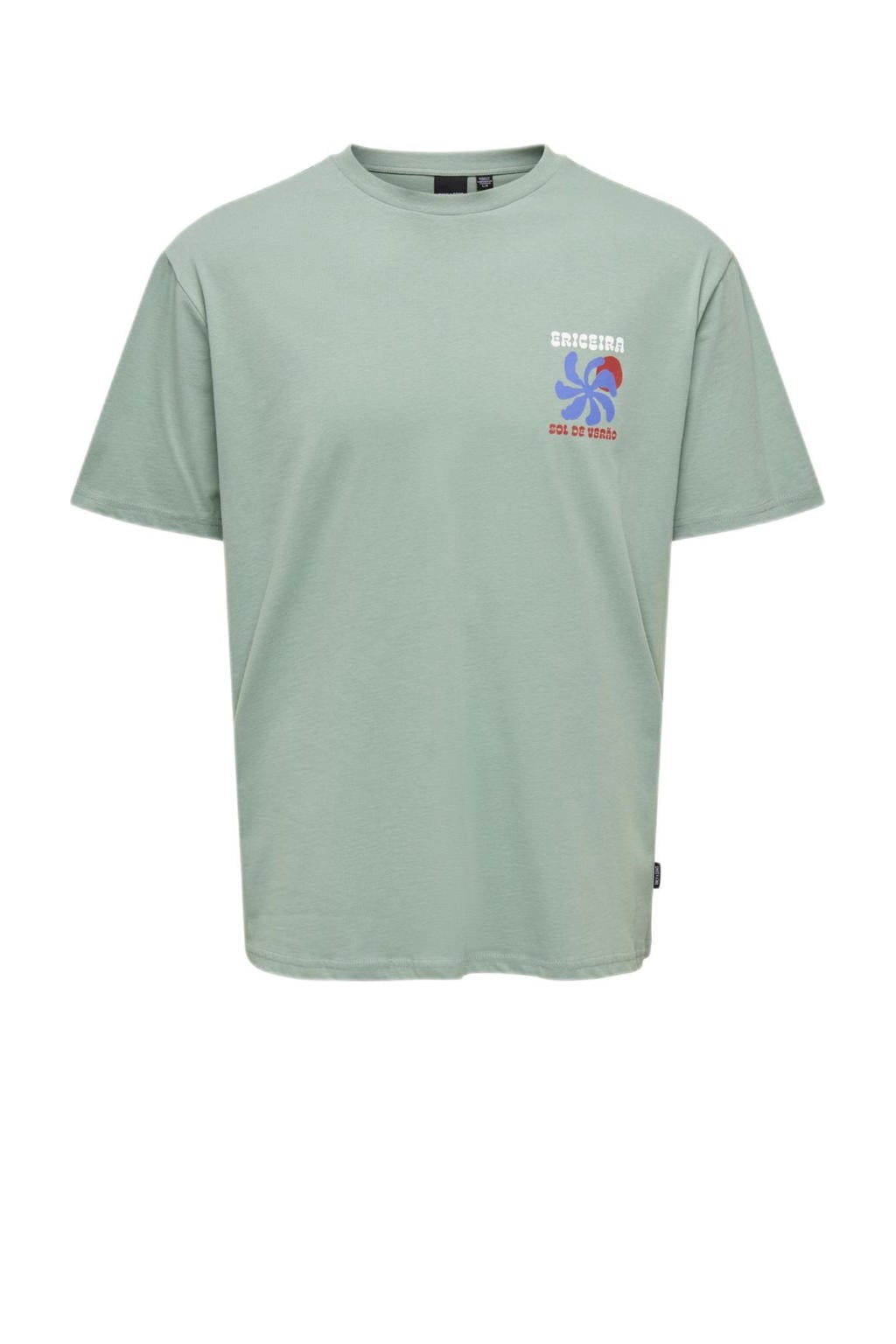 Lichtgroene jongens ONLY & SONS JUNIOR T-shirt van katoen met backprint, korte mouwen en ronde hals