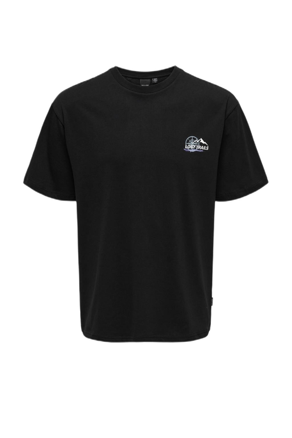 Zwarte jongens ONLY & SONS JUNIOR T-shirt van katoen met backprint, korte mouwen en ronde hals