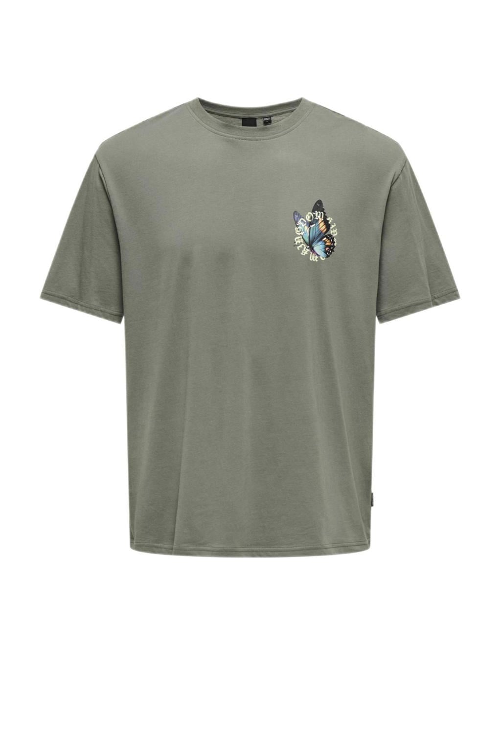 Grijsgroene jongens ONLY & SONS JUNIOR T-shirt groen van katoen met backprint en korte mouwen