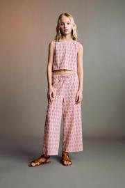 thumbnail: Roze meisjes Mango Kids wide leg palazzo broek van katoen met elastische tailleband met koord