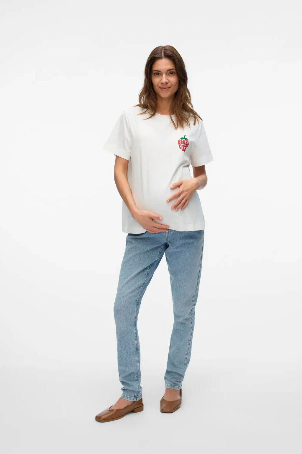 Witte dames VERO MODA MATERNITY zwangerschaps T-shirt van katoen met printopdruk, korte mouwen en ronde hals