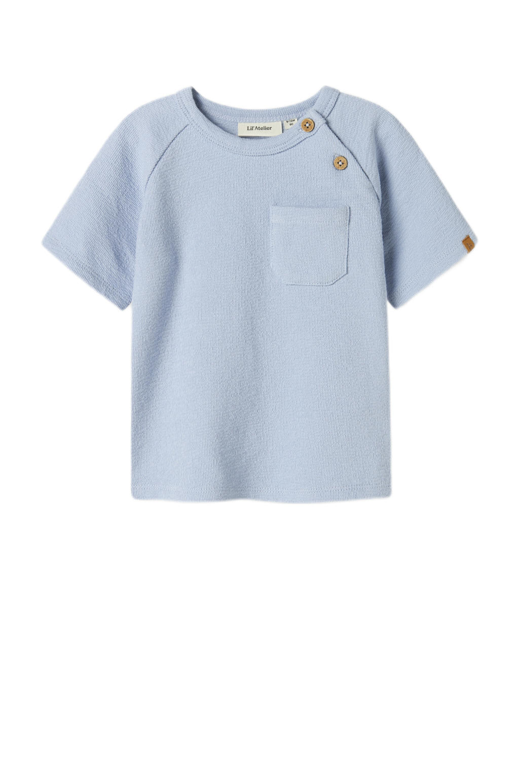 Lichtblauwe jongens LIL' ATELIER BABY T-shirt van sweat materiaal met effen, korte mouwen, ronde hals en knoopsluiting