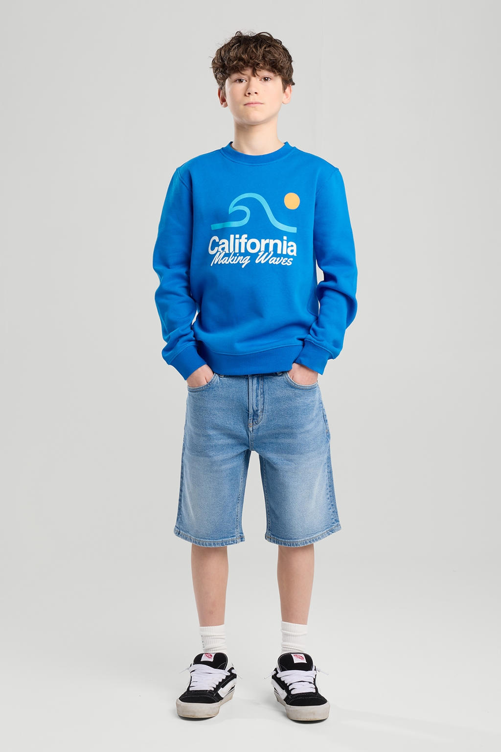 Blauwe jongens America Today sweater met printopdruk, lange mouwen en ronde hals