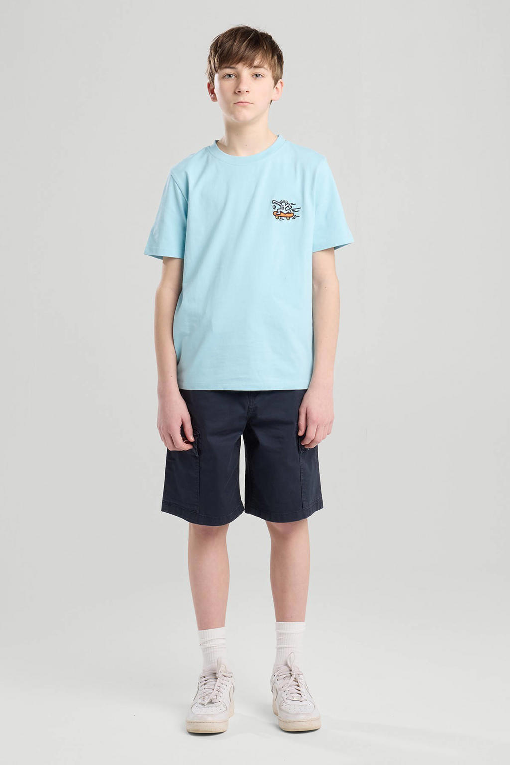 Blauwe jongens America Today T-shirt van katoen met backprint, korte mouwen, ronde hals en borduursels