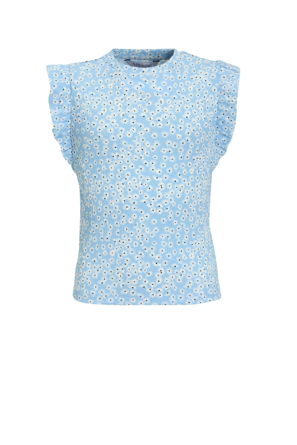 Lichtblauwe meisjes anytime crinkle top van polyester met bloemenprint, korte mouwen, ronde hals en ruches