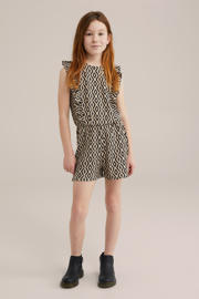 thumbnail: Lichtbruin en zwarte meisjes WE Fashion playsuit van polyester met korte mouwen en ronde hals