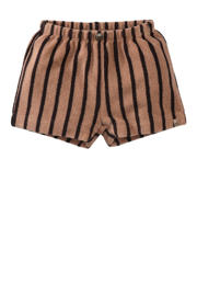thumbnail: Bruin en zwarte jongens Z8 newborn badstof korte broek Sergio met elastische tailleband en strepenprint