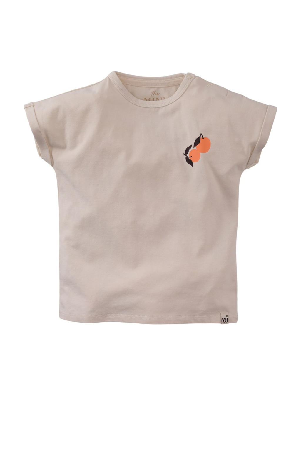 Ecru en oranje jongens Z8 mini T-shirt Renardo van stretchkatoen met backprint, korte mouwen en ronde hals