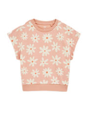 thumbnail: Roze en ecru meisjes WE Fashion T-shirt van katoen met bloemenprint, korte mouwen, ronde hals en geribde boorden