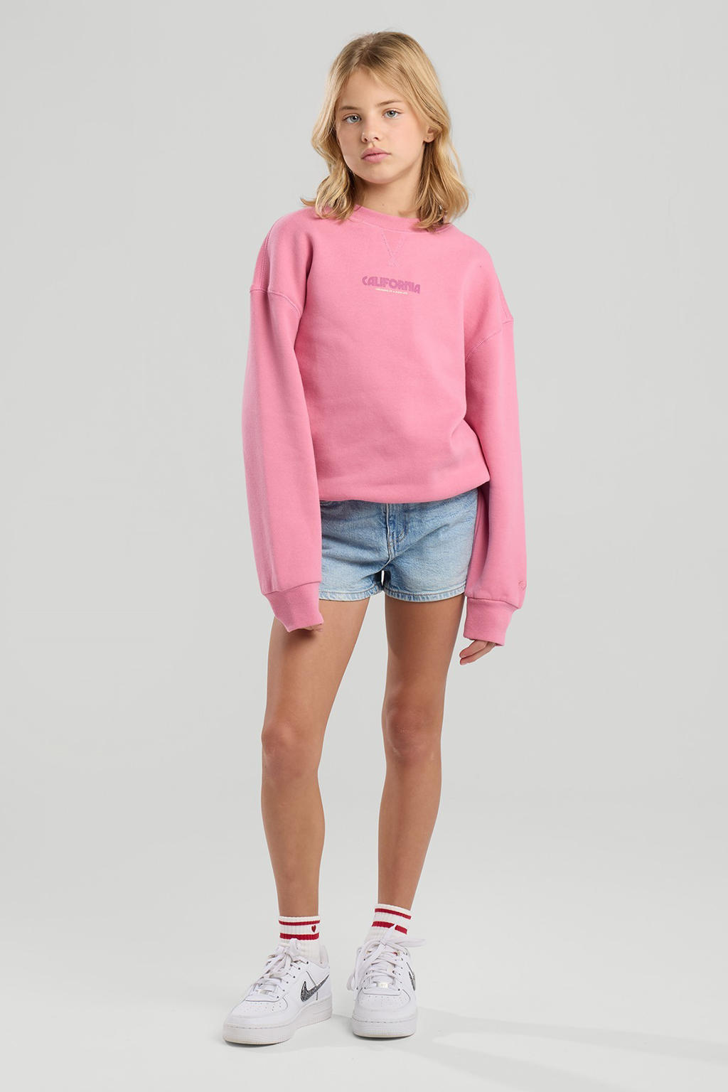 Roze meisjes America Today sweater met backprint, lange mouwen, ronde hals en geribde boorden