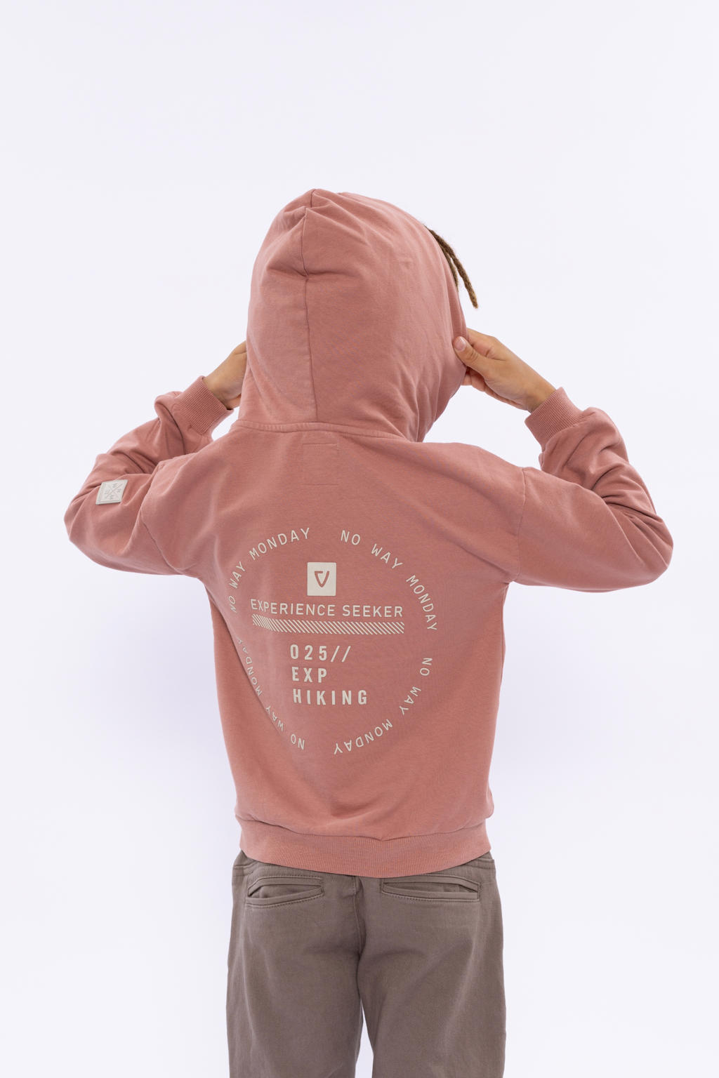 Oudroze jongens No Way Monday hoodie van katoen met backprint, lange mouwen en capuchon