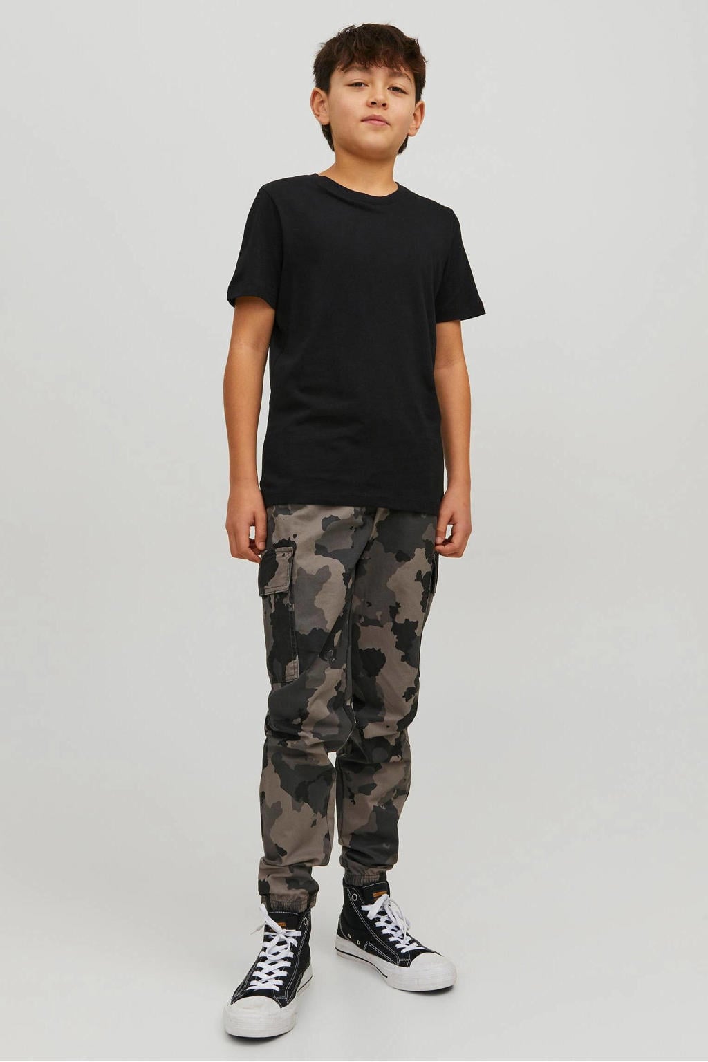 Zwarte jongens JACK & JONES JUNIOR T-shirt van katoen met effen, korte mouwen en ronde hals