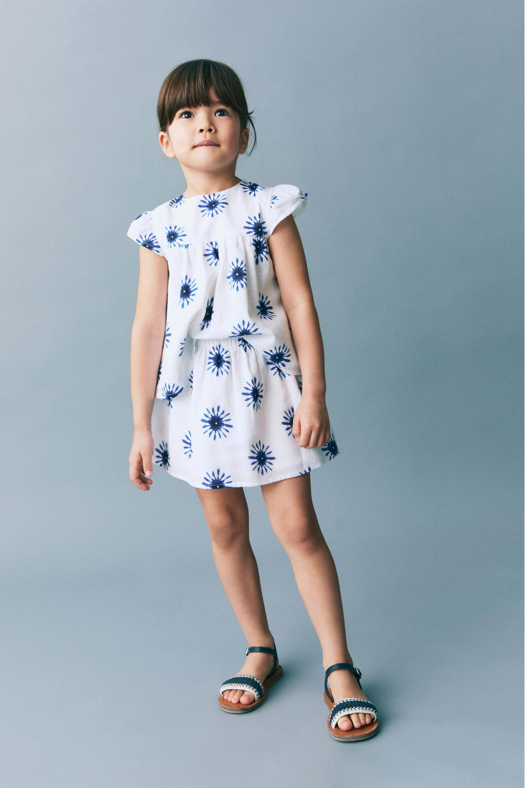 Witte meisjes Mango Kids blousetop van katoen met korte mouwen, ronde hals, knoopsluiting en borduursels