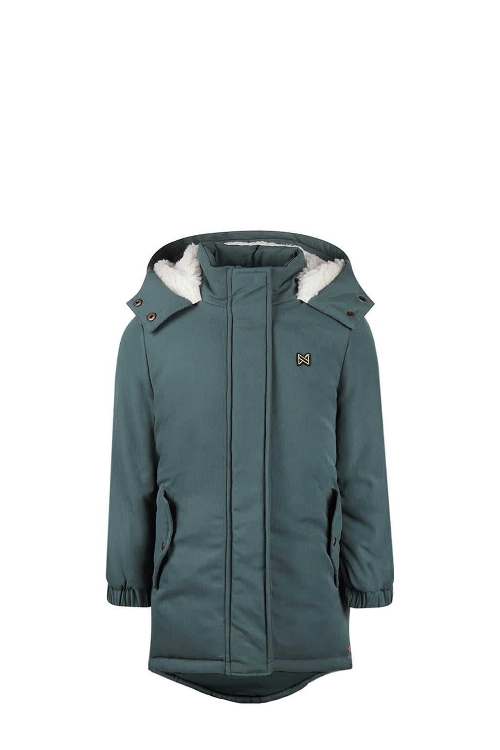 Grijsblauwe meisjes Koko Noko parka blauw van polyester met effen, lange mouwen, capuchon en rits- en drukknoopsluiting