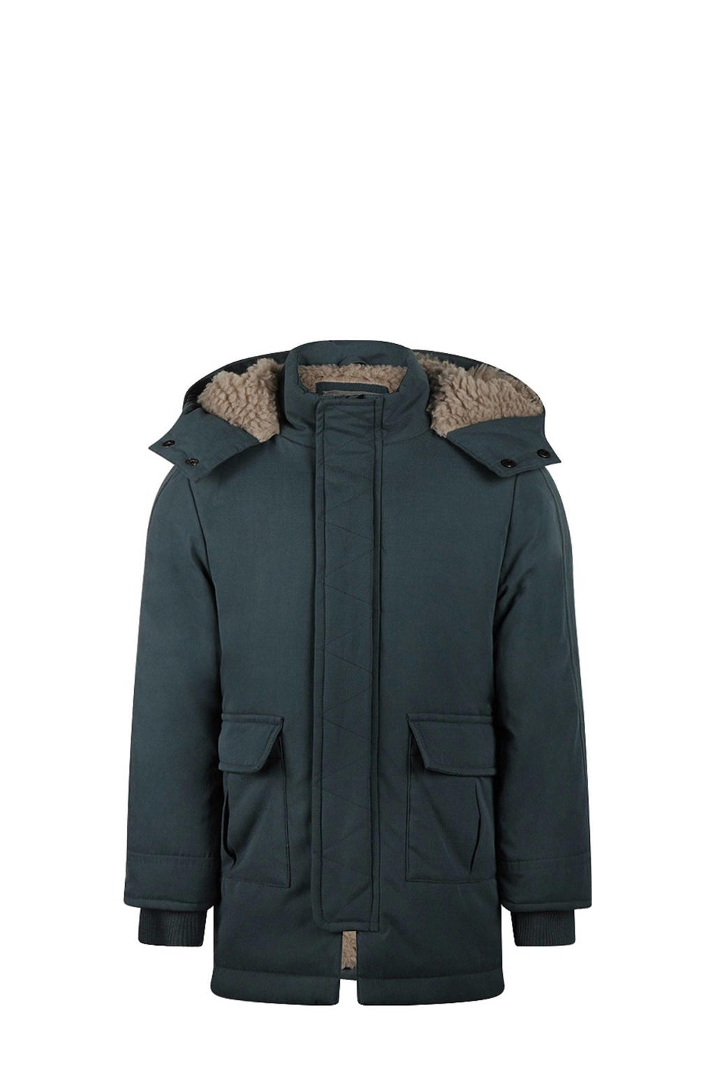 Donkerblauwe jongens Koko Noko parka van polyester met effen, lange mouwen, capuchon, rits- en drukknoopsluiting en teddy detail