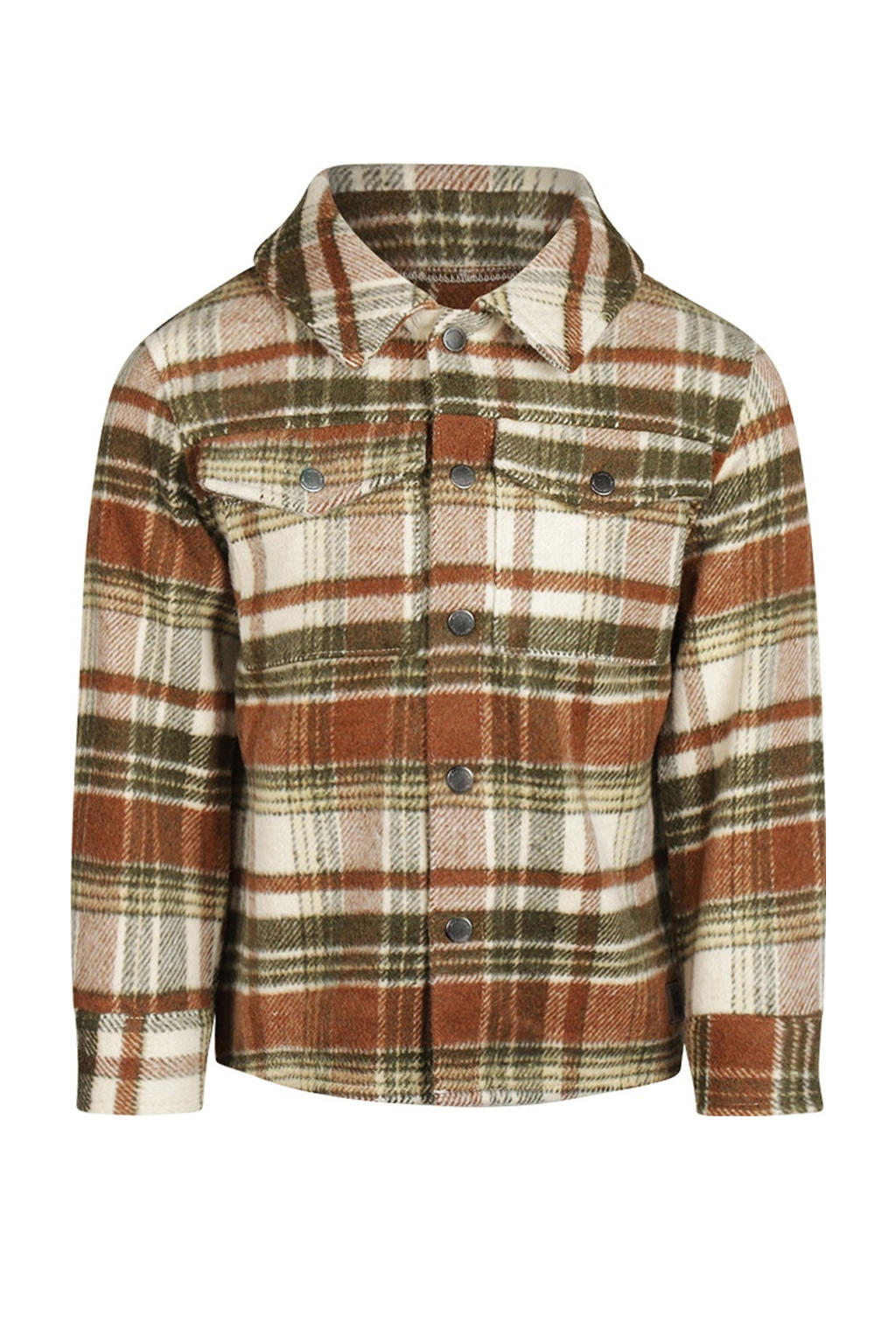 Groen, beige en bruine jongens Koko Noko overhemd van polyester met ruitenprint, lange mouwen, opstaande kraag, drukknoopsluiting en geweven detail