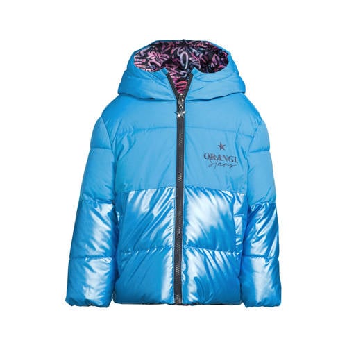 Orange Stars reversible colourblock jas Isa all-over print Blauw Meisjes Polyester Capuchon