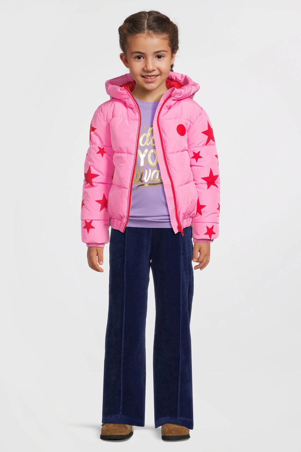 Roze meisjes Orange Stars gewatterde jas Noey met printopdruk, lange mouwen en ritssluiting