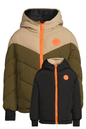 gewatteerde reversible colourblock jas Otis Khaki/beige/zwart