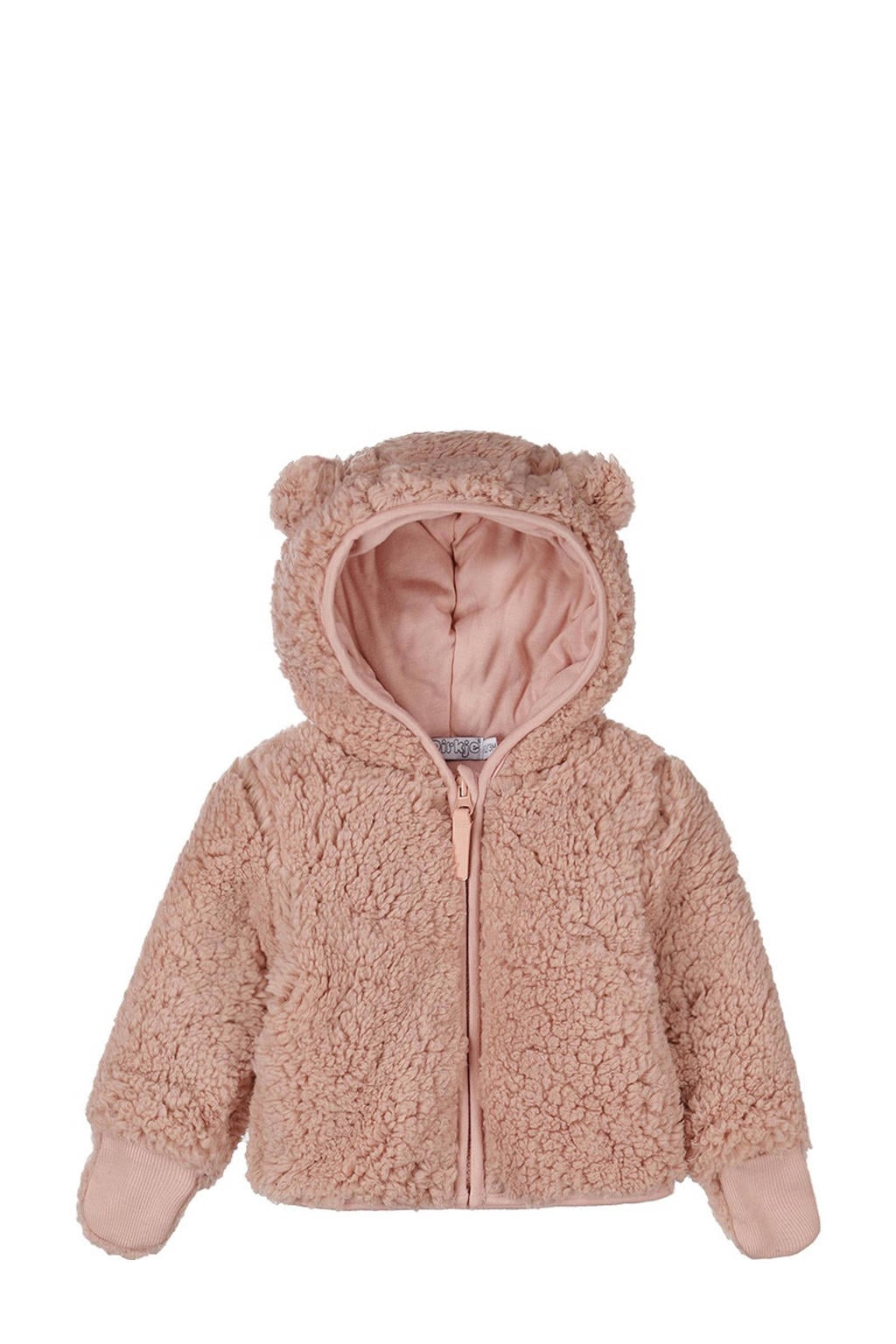 Lichtroze meisjes Dirkje teddy winter jas met effen, lange mouwen, capuchon en ritssluiting