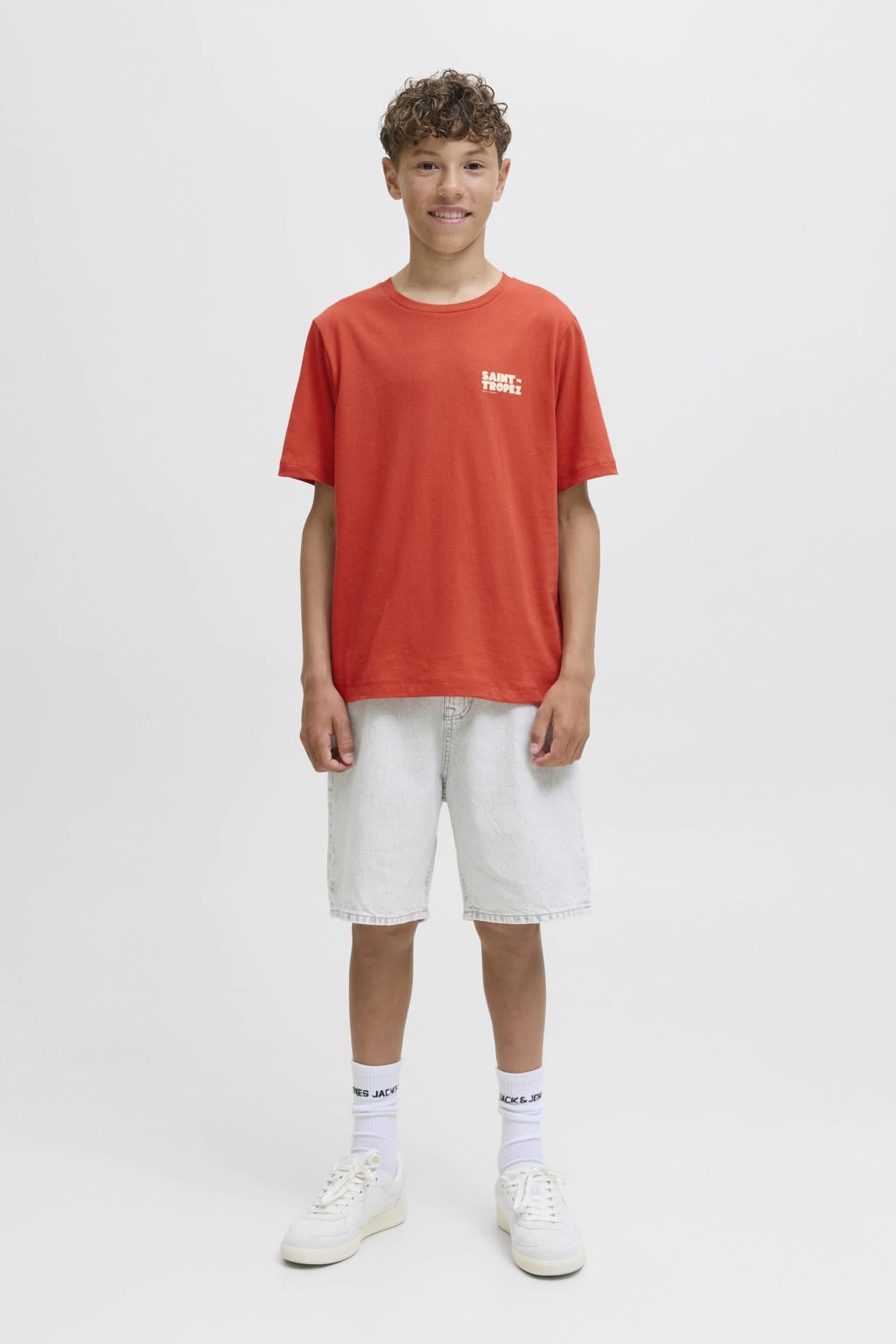 Rode jongens JACK & JONES JUNIOR T-shirt van katoen met backprint, korte mouwen en ronde hals