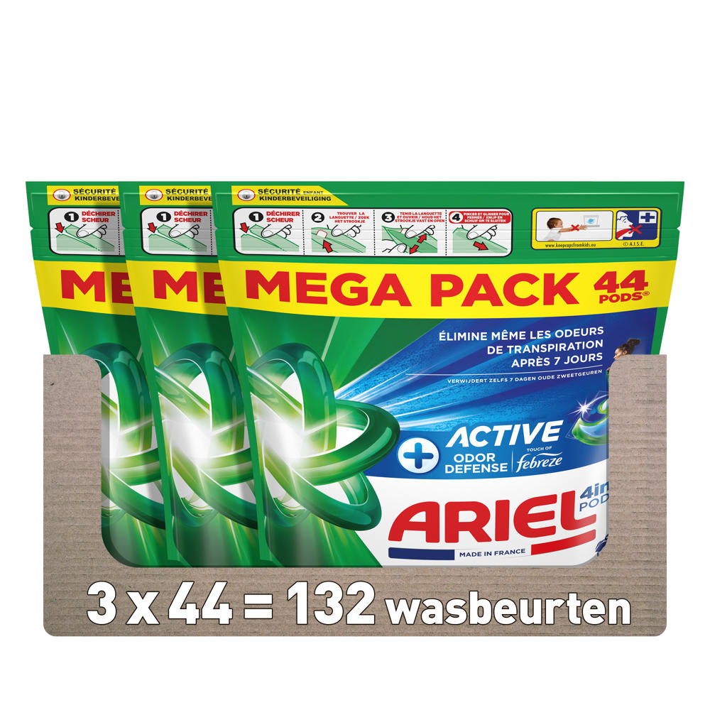 Ariel 4in1 PODS +Actieve Geurbestrijding Wasmiddelcapsules - 3 x 44 Wasbeurten - 132 wasbeurten