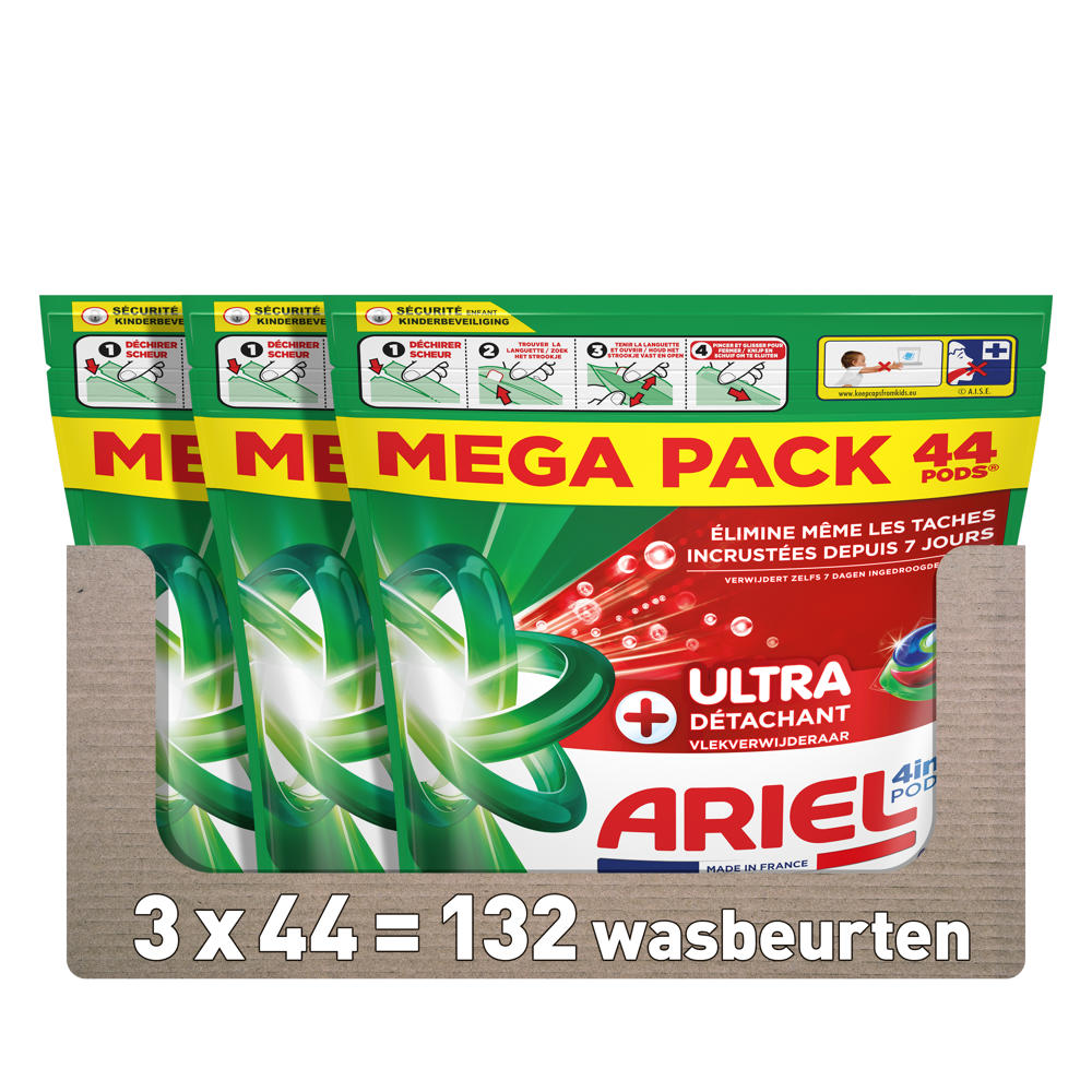 Ariel 4in1 PODS +Ultra Vlekverwijderaar Wasmiddelcapsules - 3 x 44 Wasbeurten - 132 wasbeurten