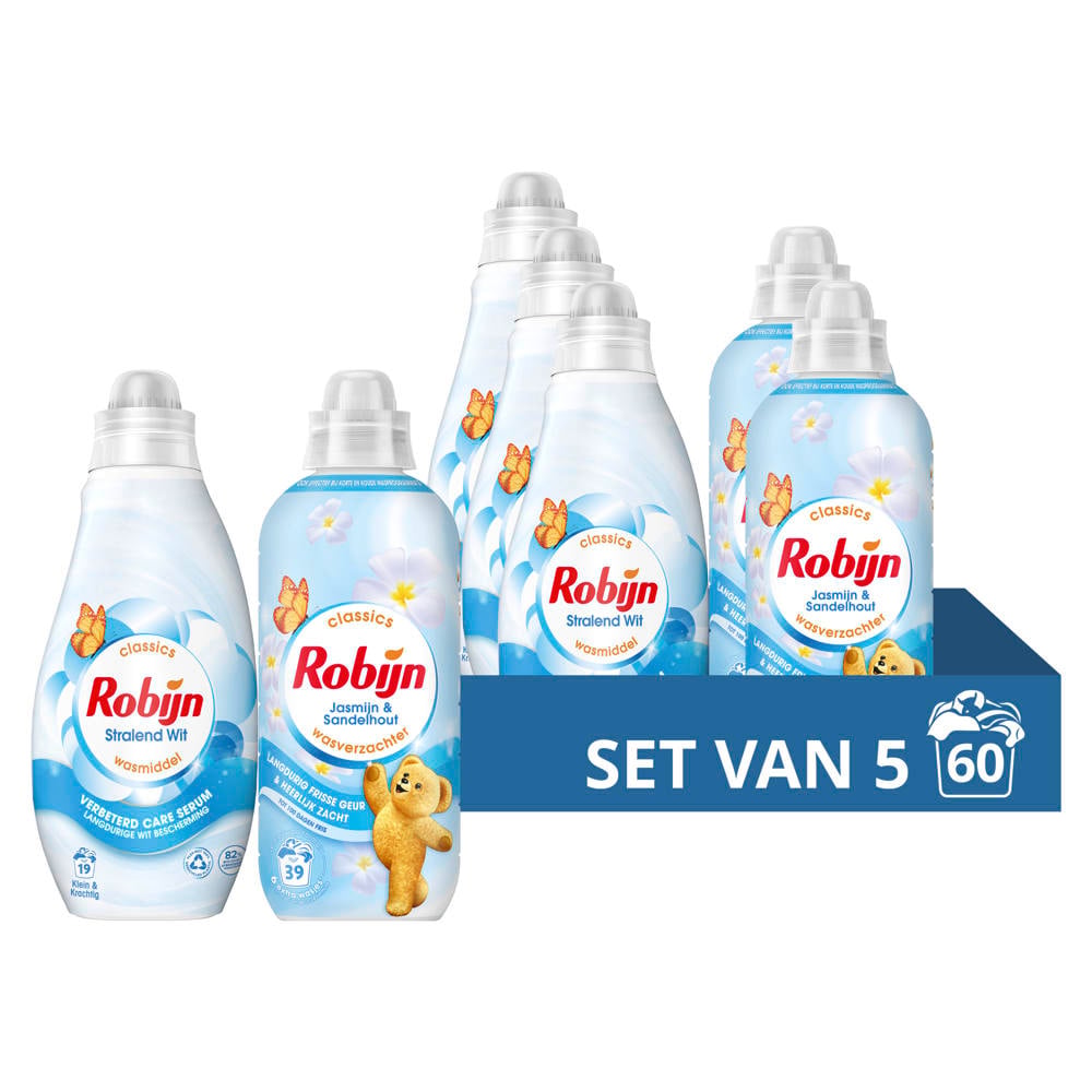 Robijn Perfect Match Stralend Wit wasmiddel + Jasmijn & Sandelhout wasverzachter pakket - 5 stuks - 60 wasbeurten