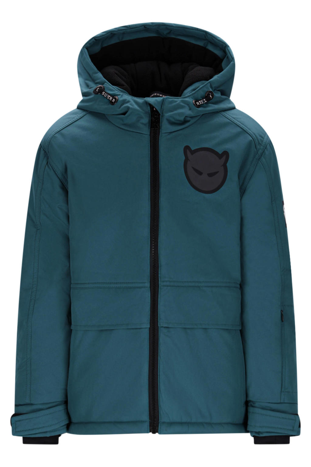 Petrolkleurige jongens SuperRebel ski-jas SPACE van polyester met effen, capuchon en ritssluiting
