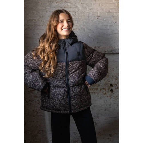 LOOXS 10sixteen gewatteerde jas zwart Meisjes Polyester Capuchon Panterprint
