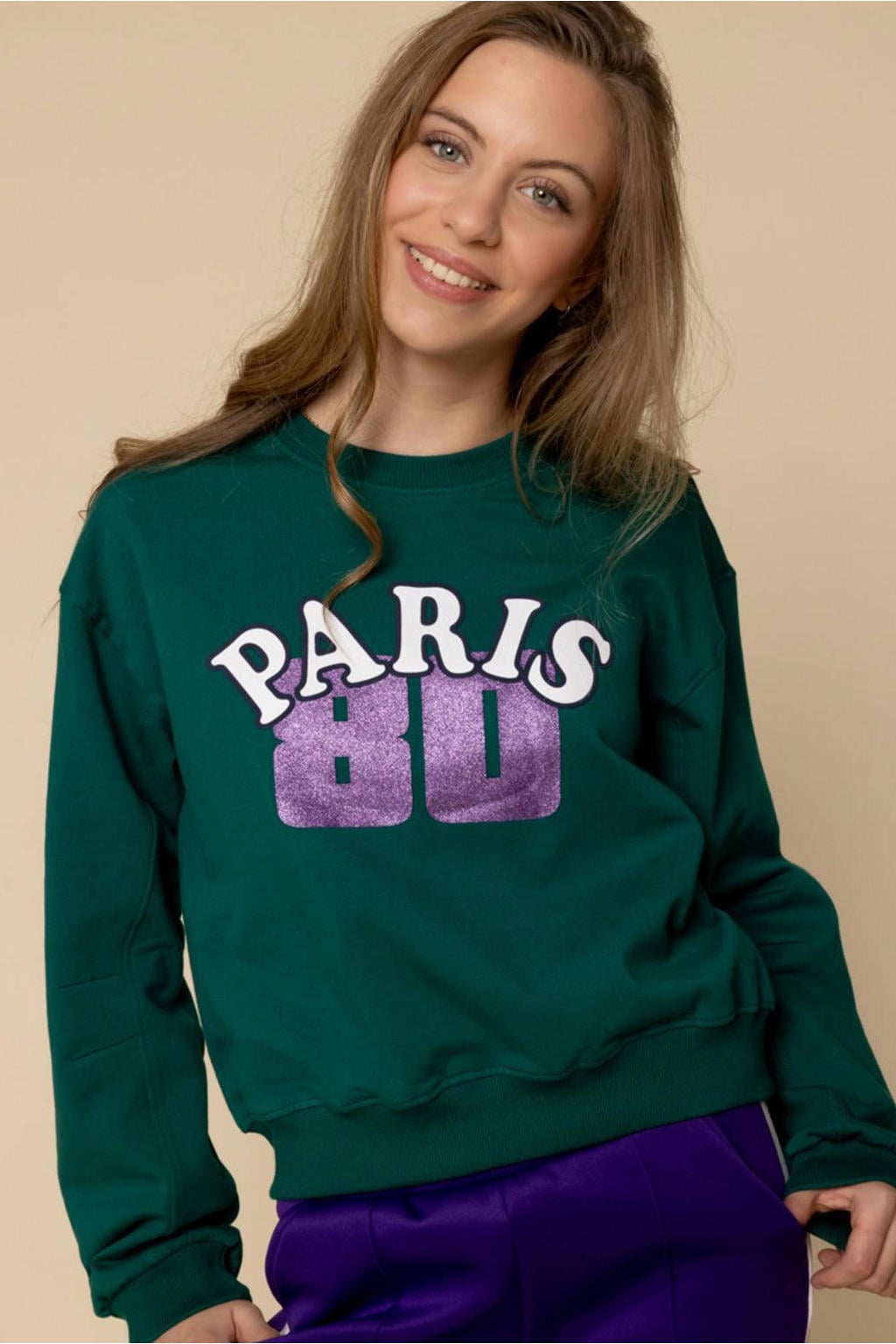Groene meisjes LOOXS 10sixteen sweater van stretchkatoen met printopdruk, lange mouwen, ronde hals en glitters