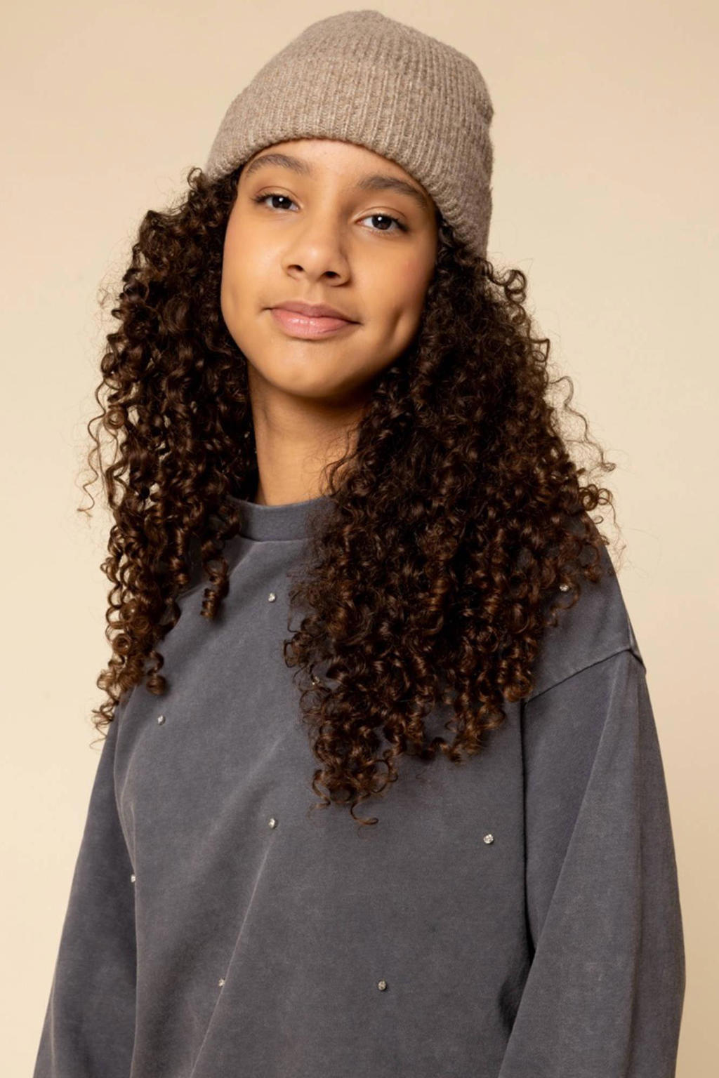 Grijze meisjes LOOXS 10sixteen sweater van katoen met lange mouwen, ronde hals en geribde boorden