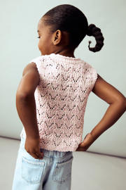 thumbnail: Lichtroze meisjes Mango Kids mouwloze top broderie van katoen met effen en ronde hals