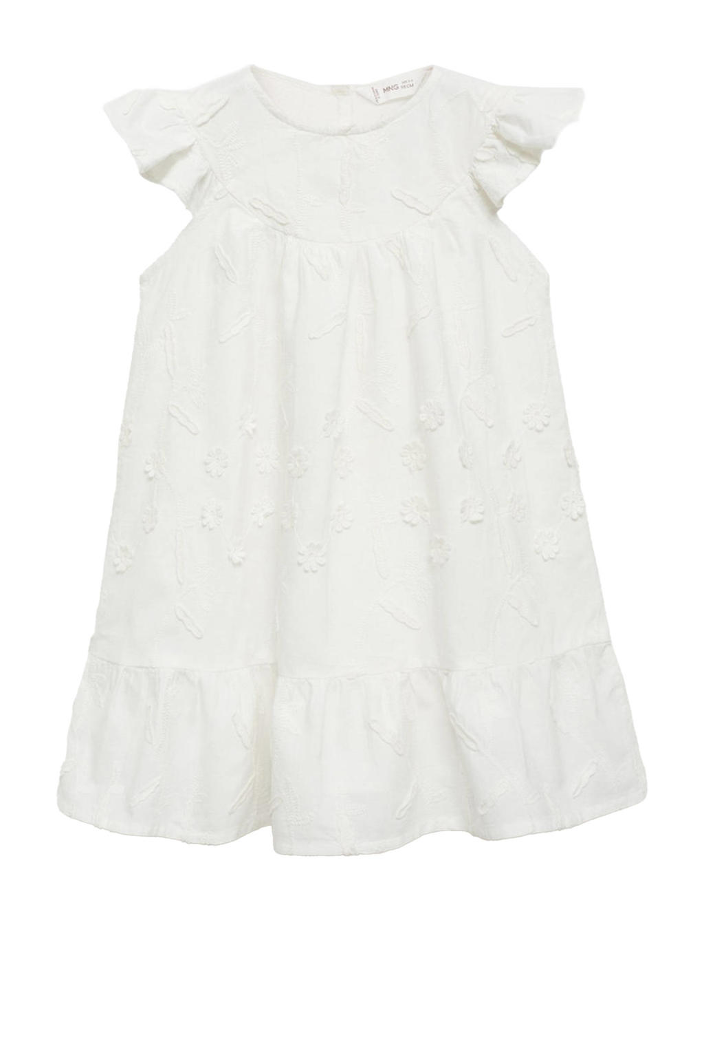 Witte meisjes Mango Kids korte jurk van katoen met effen, korte mouwen, ronde hals, knoopsluiting en borduursels