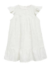 thumbnail: Witte meisjes Mango Kids korte jurk van katoen met effen, korte mouwen, ronde hals, knoopsluiting en borduursels