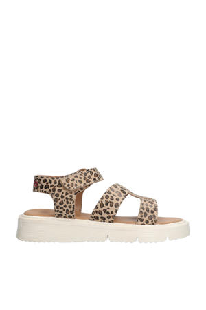   leren sandalen met panterprint beige/zwart