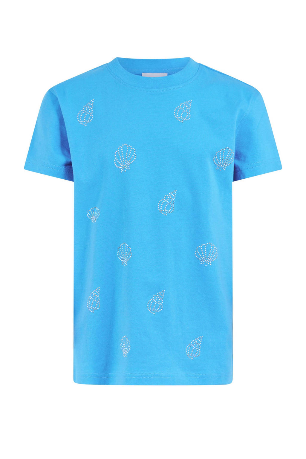 Blauwe meisjes Shoeby T-shirt van katoen met grafische print, korte mouwen, ronde hals en strass steentjes