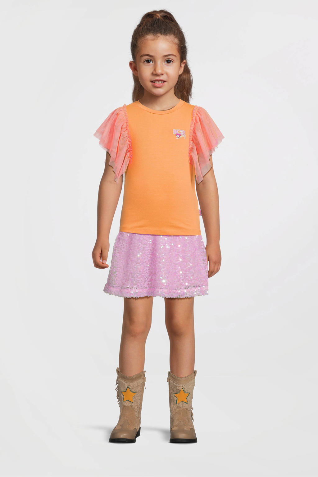 Oranje en roze meisjes B.Nosy x K3 K3 T-shirt van stretchkatoen met printopdruk, korte mouwen, ronde hals en borduursels