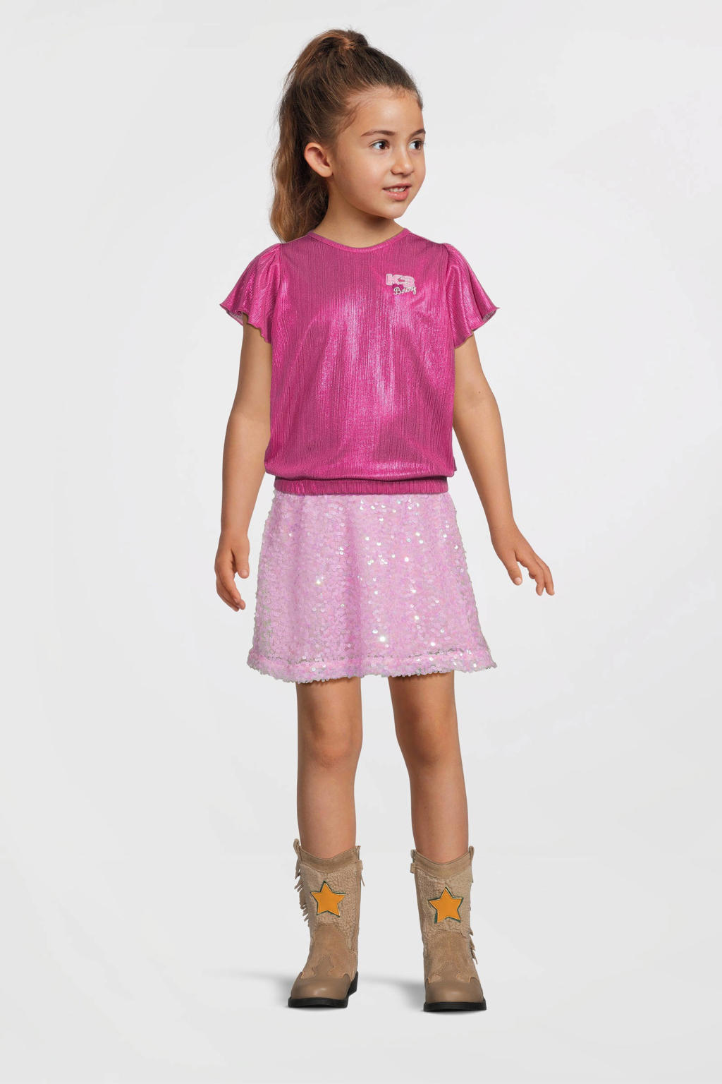 Roze meisjes B.Nosy x K3 K3 blousetop van polyester met printopdruk, korte mouwen, ronde hals, knoopsluiting en elastische boord